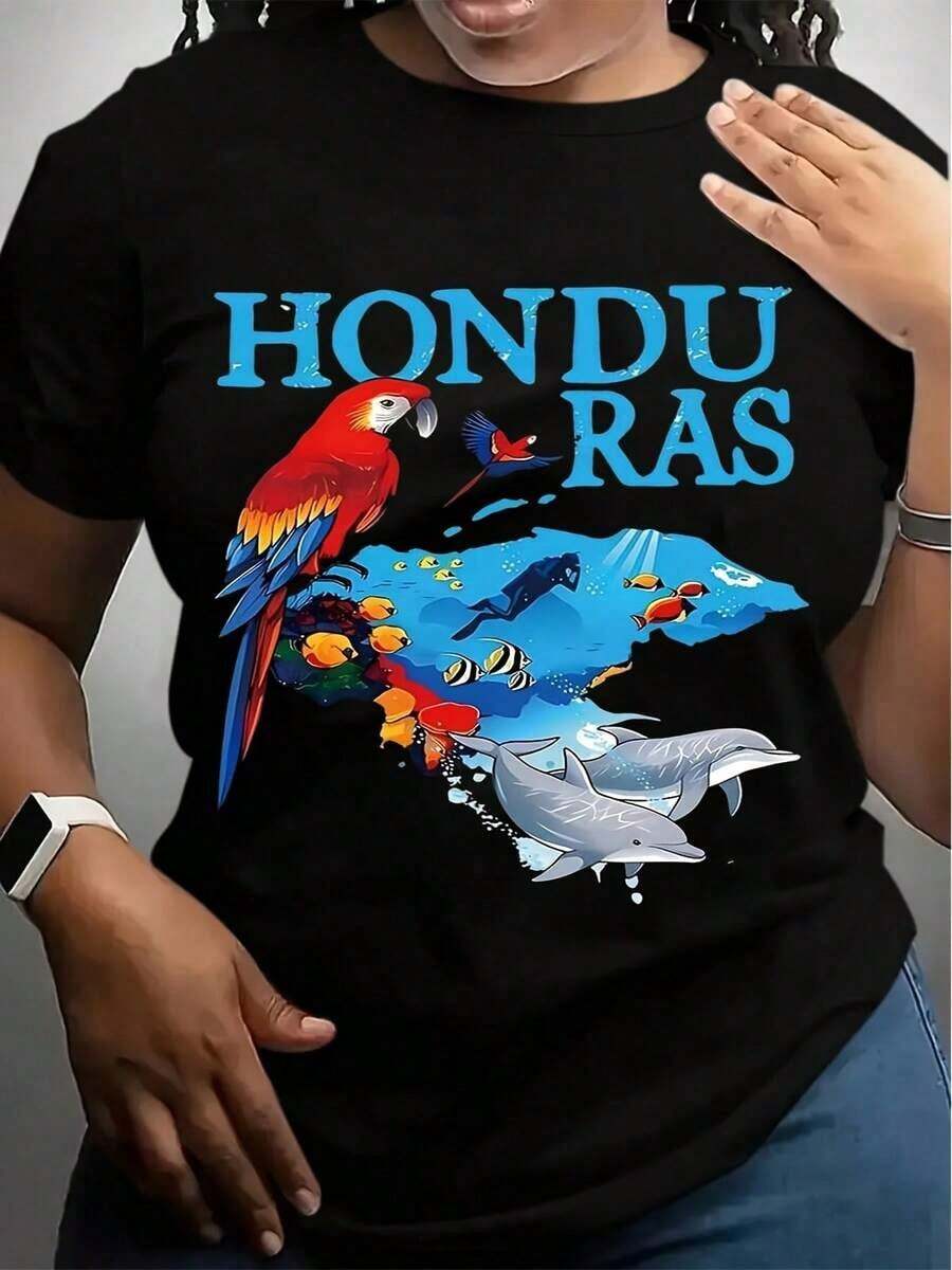Women'S Honduras Parrots & Shark Graphic-Shirt - Vibrant Short Sleeve, Round Neck, Casual Top, Washable, SpringSummersummer Graphic Tees - 黑色 - 查看 1
