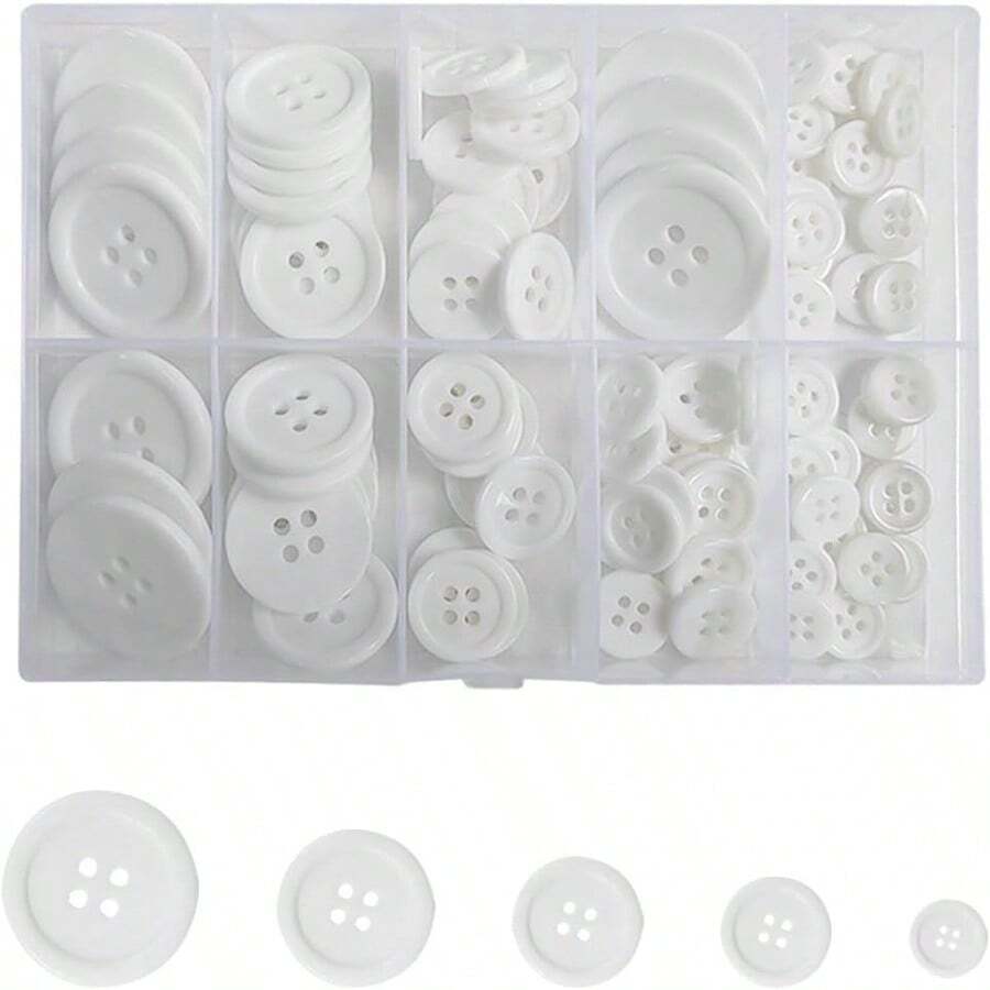 100 White Buttons 4Hole 5 Sizes Shirt Buttons For Crafts And Sewing - White - View 1