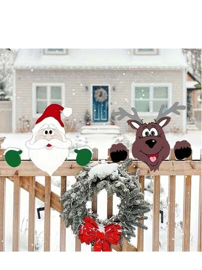2D 亚克力平面栅栏装饰，圣诞装饰：圣诞老人和驯鹿，适用于室内/室外栅栏和壁炉