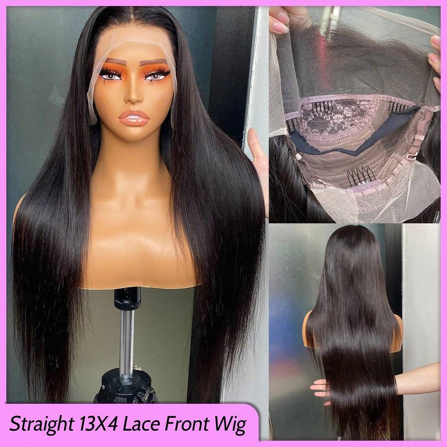 34 Inch Brazilian Silky Straight 13x4 Transparent Lace Frontal Wig 100% Virgin Remy Human Hair Lace Front Wigs, Pre Plucked Natural Hairline Straight Short Bob Wig 180 Density Human Hair For Women - Natural Black - 查看 1