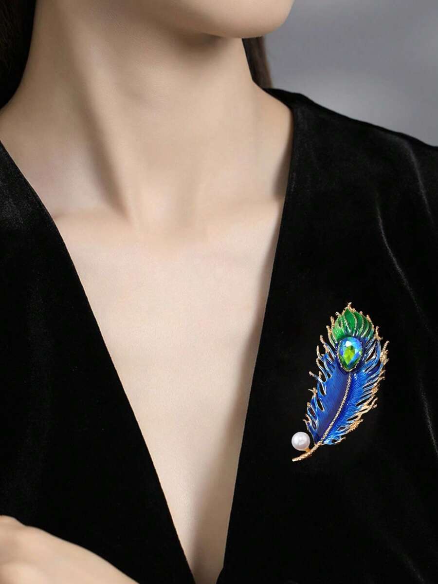 1pc Elegant Feather Brooch, Suitable For Casual Daily Wear - Blue - View 1