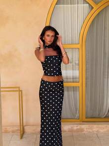 New Summer Sstyle Women's Set Featuring A High-Waisted Skirt And A Cropped Halter Top With Polka Dot Print - 黑色 - 查看 2