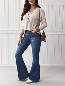 EMERY ROSE 女士简约日常喇叭牛仔裤 西方女装 - 深色水洗藍 - 查看 7