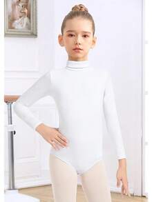 Girls' Basic Turtleneck Long Sleeve Leotard With Durable Snaps, Front, Zipper Back