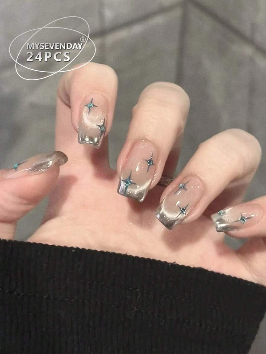 30片方形/星形闪亮钻石镀金边框法式短款按压式美甲贴片/美甲饰品 Y2K 套装，包含1片果冻胶和1条磨砂贴，适合聚会、节日、万圣节和日常美甲使用。 - 彩色 - 查看 1