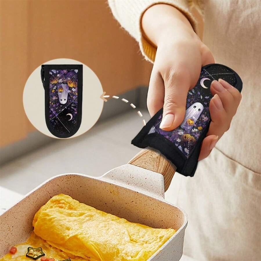 ハロウィン鋳鉄ハンドルカバー フライパン ポットホルダー ゴーストパンプキンスカル 断熱スリーブ ベーキング調理器具用 - パープル - チェックする 1