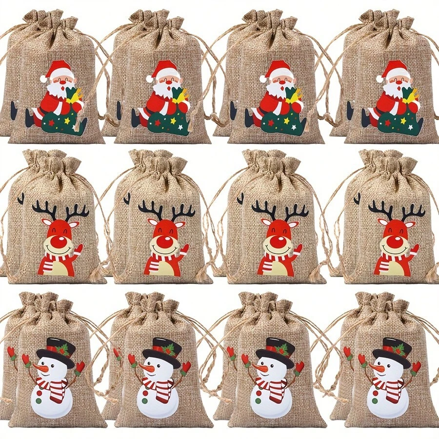 24pcs Christmas Gift Bags, Drawstring Closure - Santa Claus, Reindeer, Snowman Patterns - Faux Linen Material (1/6/12/24pcs) Suitable For Christmas Favors, Advent Calendar, Christmas Tree Decoration - Party, Office, Home Gathering - Holiday Candy Bags, Christmas Gift Bags, Holiday Candy Boxes, Holiday Patterns, Rustic Style Gift Bags, Party Favors, Reusable Packaging, Office Gifts - Multicolor - View 1