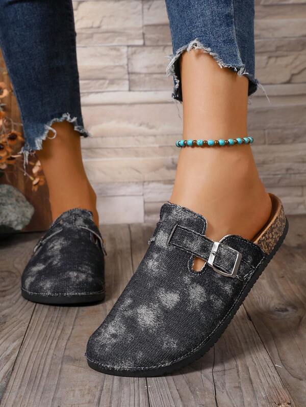 Damen Slip-On Pantoffeln mit rundem Zehenbereich, Paar-Schuhe, rutschfestes Gewebe mit Schnallen-Dekor, erhöhte Zehenkappe Mules-Pantoffeln, geeignet für Innen- und Außenbereich