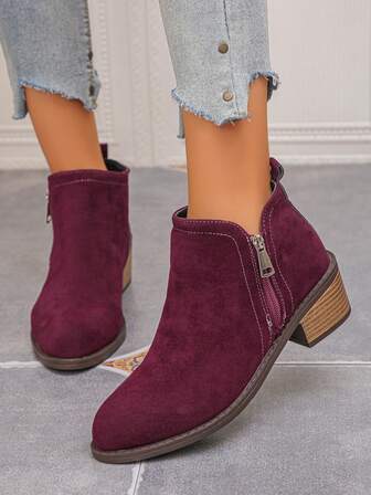 Western Style Side Zipper Holiday Black Chunky Heel Ankle Boots For Women, Versatile Red Autumn/Winter New British Style Slim High Heel Burgundy Boots With Buckle