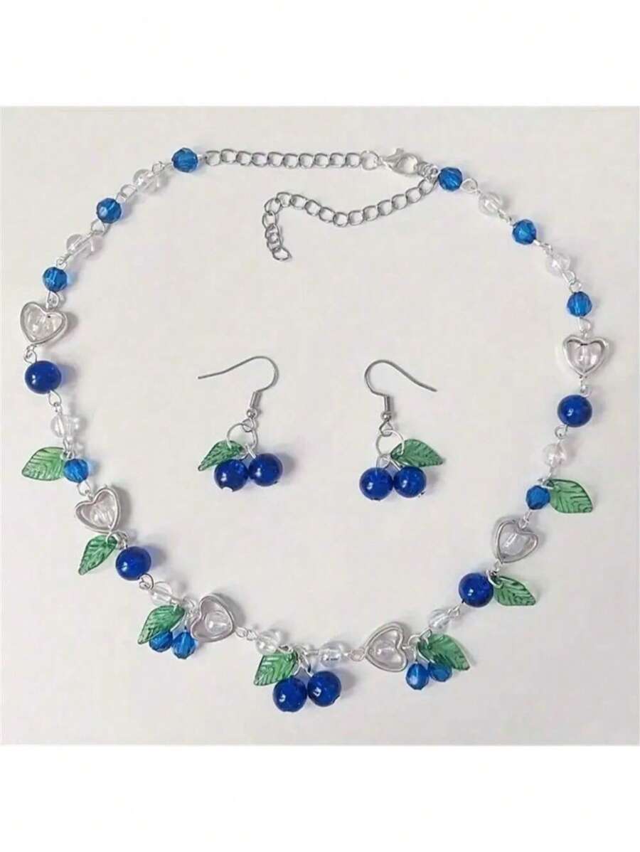 1 Set Blueberry Creative Necklace And Earrings, Gift For Fruit Enthusiasts - Royal Blue - View 1