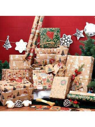 クリスマス レトロクラフト紙ラッピングペーパー 4枚セット、クリスマスギフトラッピングDIYセット