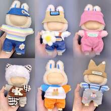 1 set - Ropa de muñeca de 17 cm, compatible con Labubu, 1 set de accesorios - Sombrero de cubo, top, pantalones con tirantes, mono, adecuado para muñecas de 17 cm, accesorios lindos de BuLabu para jugar y exhibir (muñeca no incluida)