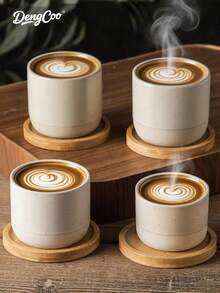 Dengcoo 1 件复古风格陶瓷咖啡杯碟套装，包括适合盛放咖啡和茶的杯子，适合沙特国庆节的咖啡杯，茶杯，马克杯，木质杯垫，杯碟，杯架，适用于家庭，娱乐场所，庭院，餐厅 - 杯碟 - 查看 4