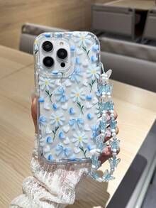 Blue Floral Phantom Wave Pattern Anti-Drop Phone Case With Butterfly Lanyard, Compatible With Apple 16, 14 Pro Max, High-Quality New 13, 15, Ins Style 12/12 Pro, 11, 13 Pro Max, XS, 12 Pro Max, 16