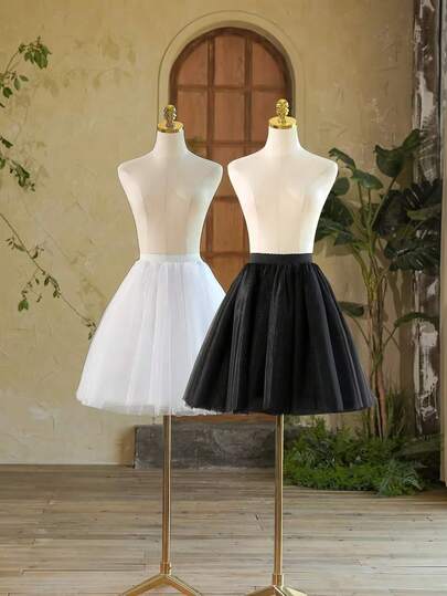 1pc Women's Black & White Skirt, 50cm Tulle Skirt With Elastic Waist, 4-Layer Tulle + 1-Layer Lining, Suitable For Weddings, Parties, Performances, Cosplay, Stage Shows, Festivals, All Seasons Fall Clothes For Women