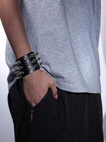 3pcs/Set Punk Hiphop PU Leather Fashion Black & Red Rivet Necklace Bracelet Set, Unisex Choker Wristband For Daily, Festival, Party Outfit, Gothic Choker Bracelet Set