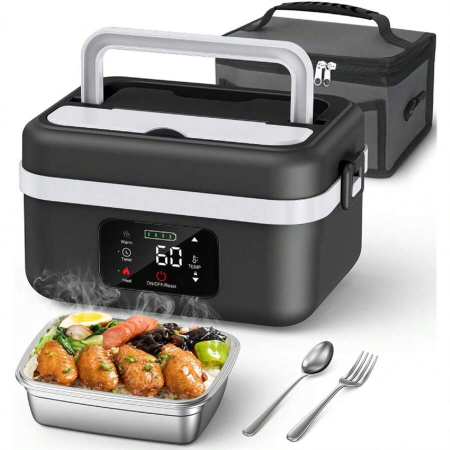 Adult Wireless Electric Heating Lunch Box, 8000mAh Rechargeable Timer Automatic Heating Lunch Box, 1L Portable Self-Heating Food Warmer With Fork And Spoon And Insulated Carrying Bag, Suitable For Office, Picnic, Car And Travel Outdoor Use - 黑色 - 查看 1