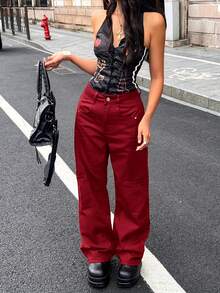 男友风拼接女式直筒牛仔裤 - 紅色 - 查看 4