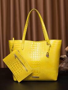 Women's Shoulder Bag European And American Style Crocodile Print Tote Bag Blue Large Capacity Commuter Tote Bag With Coin Purse Blue Crocodile Leather Tote Bag Large-Capacity Mother-In-Law Bag Fashionable And Versatile Handbag - 黃色 - 查看 2
