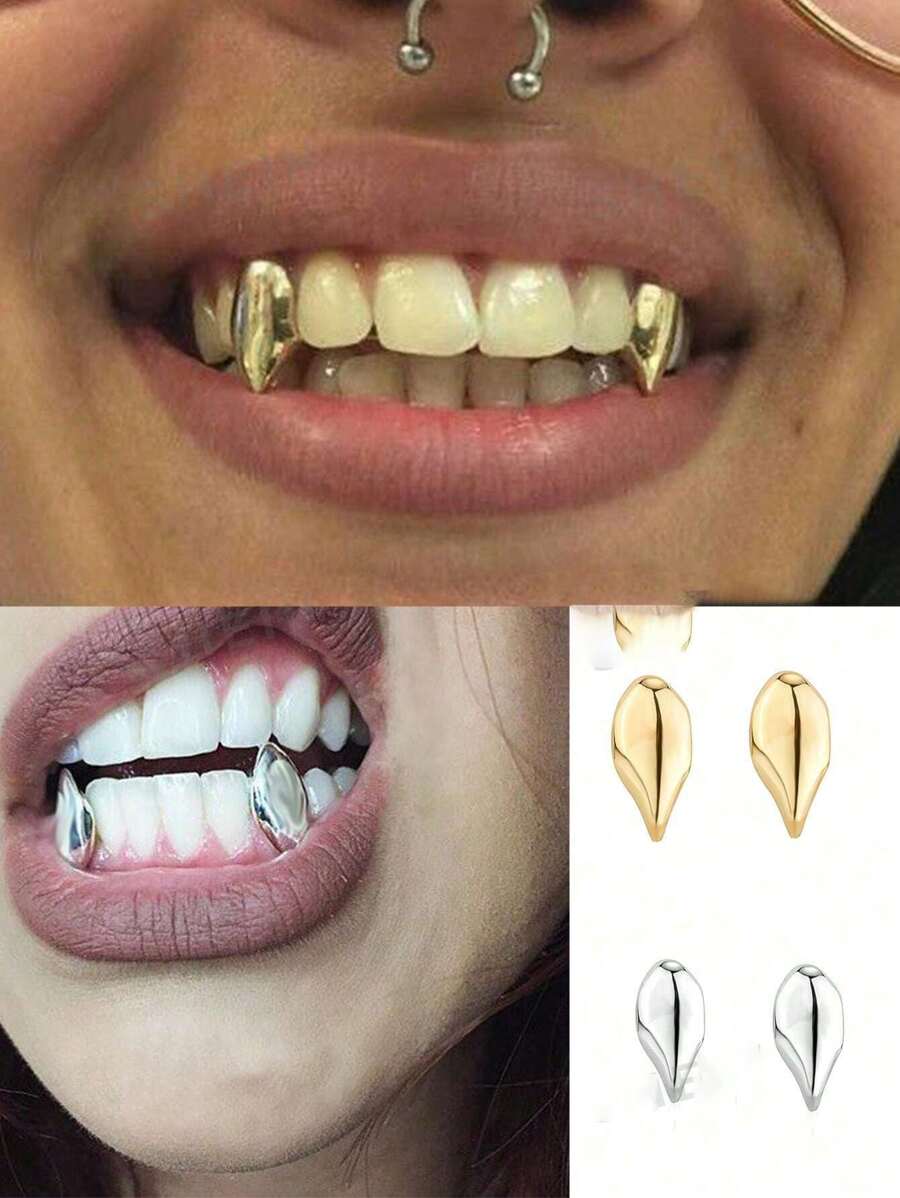 个性化金属尖牙饰品，朋克嘻哈牙齿装饰，派对、夜总会、节日舞台道具，男女通用可调节尺寸，附带牙蜡用于固定