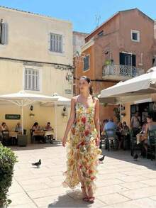 New Women's Off-Shoulder Chiffon Print Long Dress, Fashionable And Flowing, Suitable For Evening Parties, Daily Wear, Beach Vacations, And Other Occasions. - Màu vàng - Xem 2