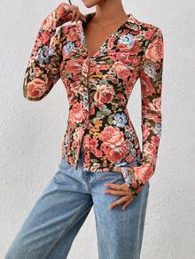 Women Button Down Floral Shirts  Fall Long Sleeve V Neck Ruched Fitted Mesh Blouse Tops Date Outfits Valentine's Day Vacation Fall Clothes For Women - Black Background Flower - View 4