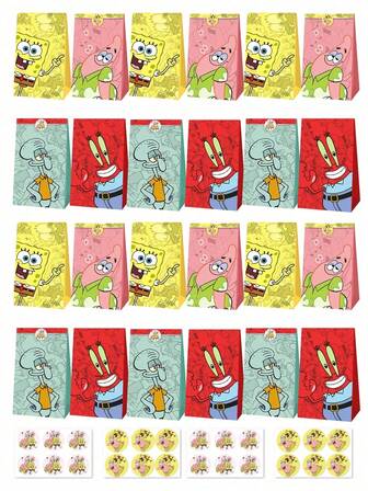 SPONGEBOB 24/48Pcs SpongeBob Birthday Party Packaging Bag Sticker Set, Patrick Krabs Gift Bag Packaging Paper Bag, Suitable For Birthday, Halloween, Christmas And New Year PartySupplies, Rfect Choice For Thanksgiving