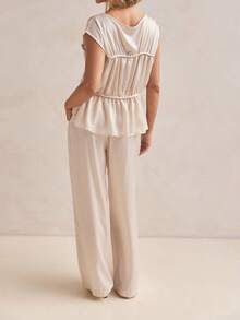 Women's Pants Set Fashionable Solid Color Smocked Cap Sleeve Tops With Drawstring Pants 2Ps Outfits - Champagne - View 7