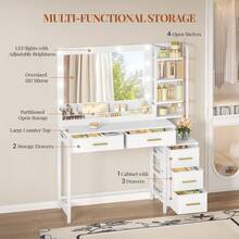 HEXCELEN Dressing Table, Dressing Table With Large Mirror, Vanity Table With 5 Drawers, 5 Open Compartments, Storage Space In Front Of The Mirror, Modern, White, 40 * 110 * 141 Cm - Phích cắm loại C của EU (220-240V) - Xem 5