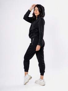 Conjunto de 2 piezas, sudaderas casuales con capucha de manga larga y pantalones de chándal a juego para primavera y otoño - Negro - Ver 7