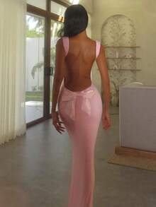 New Women's Fashion Suspender Sexy Backless Bow Slim Hip-Pack Dress For Women - Hồng - Xem 6