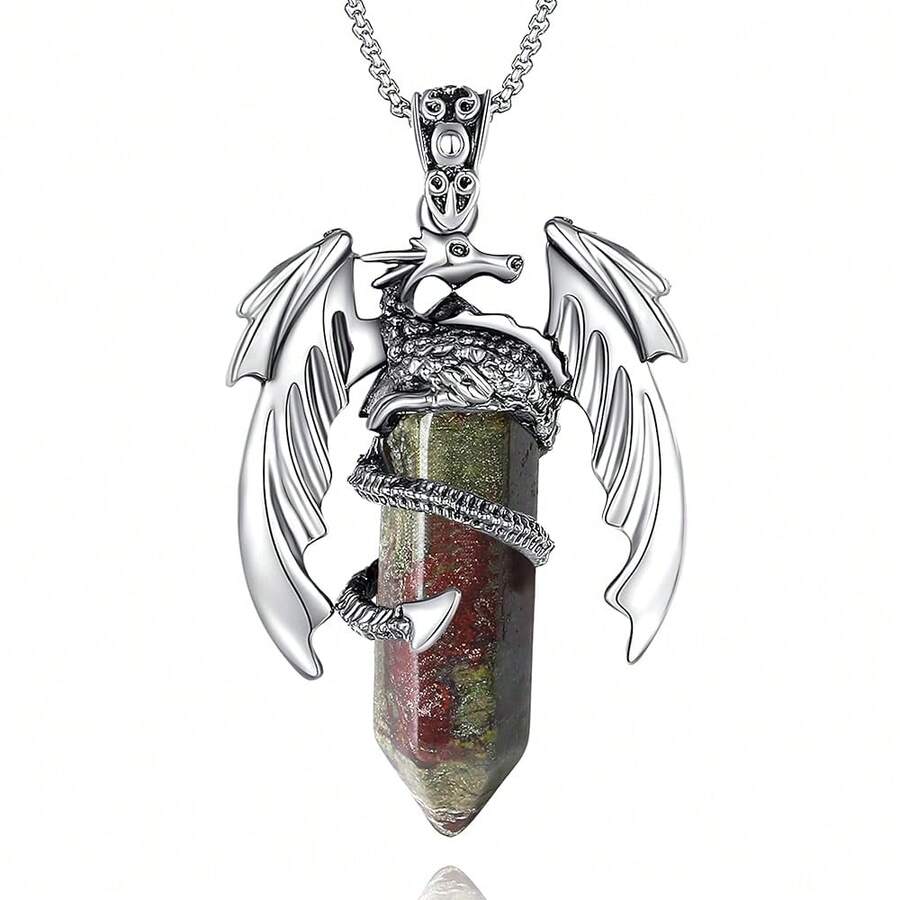 XIANNVXI Crystal Healing Stone Necklace For Men Women Amethyst Vintage Dragon Necklace Cool Simple Retro Natural Reiki Spirtural Witch Gemstone Pendant Jewelry-901744 - 血紅素 - 查看 1