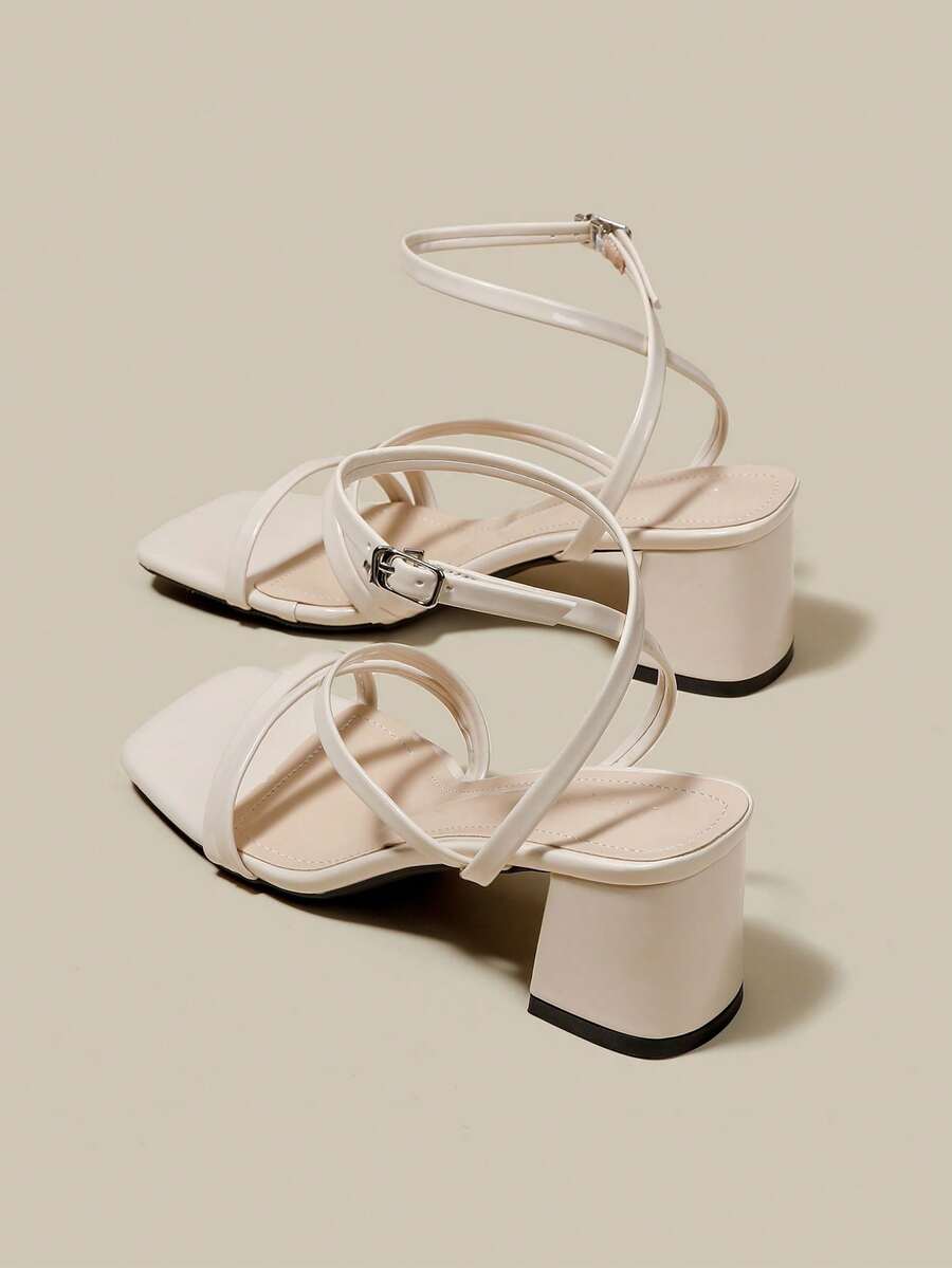 女式米色交叉带高跟凉鞋，露趾，系带，粗跟，系带凉鞋，夏季鞋 - 米色 - 查看 1
