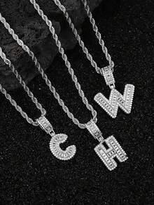 1 pieza Colgante de lujo de circonita cúbica plateada con collar de acero inoxidable, adecuado para uso diario de hombres y mujeres, collar con diseño de letra para parejas, regalo del Día de San Valentín