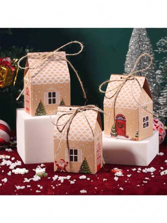 Crăciun 5 buc cutie de bomboane nouă hârtie Kraft cutie de zahăr Crăciun casă mică copt ambalaj bomboane fericit cutie Spot