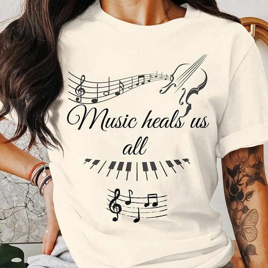Music Heals T-Shirts, Musician T-Shirt, Piano, Violin, Musil Notes, Unique Gift, Music Lover Shirt, Gift Pianist, T-Shirts220G Clic Pure Cotton T-Shirt - The Perfect Blend Of Sual And Act, I For Everyday Wear And The Gym, A Warm Gift For Your HusbandWife - trắng - Xem 1