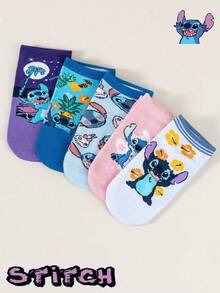 1/5 Pairs, Unisex, Stitch/ Cartoon Pattern Socks, Women's Ankle Socks, Women's Socks, Couple Socks, Children's Large Size Socks, Soft Breathable Anti-Slip Ankle Socks, Cool Cartoon Pattern Short Socks, Soft Comfortable, Cute Casual Style