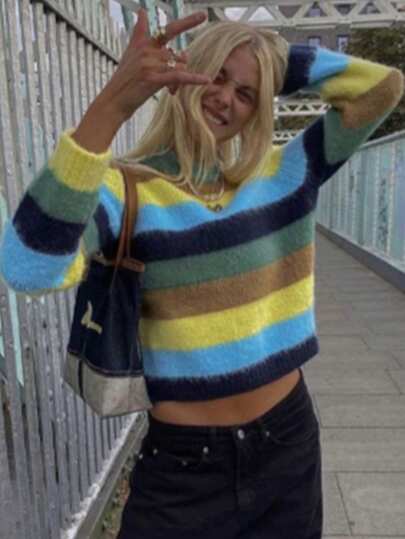 Women's Striped Casual Chic Pullover Long Sleeve Knit Sweater, Colorful Striped Knitted Versatile For Back To School, Party, Travel, Daily Wear, Autumn/Winter