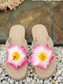 planare Women's Fashion Versatile Party & Vacation Style Woven T-Strap Sandals With Cute Pink Fabric Orchid Decor, Braided Raffia Upper, Round Toe Thong, Lightweight Anti-Slip Thick EVA Sole, Slip-On Casual Beach Pool Slippers For Shorts, T-Shirts, Dresses