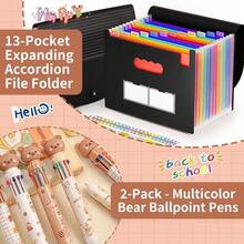 OfficeToSchool​ 13-Pocket Folder For A4/LETTER + Fun Bear Pens W/4-Color System
