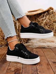 Zapatillas casuales de unicolor para mujer, ligeras y versátiles, con suela gruesa y cordones delanteros, ideales para estudiantes universitarios, aptas para todas las estaciones y perfectas para caminar a diario