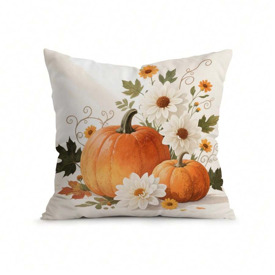 1pc Thanksgiving Pumpkin & Floral Single-Sided Printed Throw Pillow Cover - Peach Velvet Cushion Cover 45*45cm