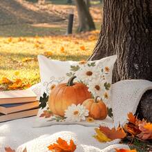 1pc Thanksgiving Pumpkin & Floral Single-Sided Printed Throw Pillow Cover - Peach Velvet Cushion Cover 45*45cm