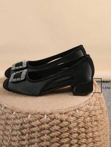 Square Toe Chunky Heel Women's Shoes, Versatile Rhinestone Button Slip-On Flats, Fashionable Mule Shoes, Black High Heels, Women's High Heel Pumps, Run Large, Size 35-43