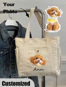 Borsa a spalla personalizzata con foto e nome dell'animale domestico, grande capacità, adatta per lavoro, viaggio, studenti universitari, multifunzionale, versatile, leggera, funzionale e pratica per anniversari, Natale, autunno, vacanze, attività all'aperto, escursioni, stadio, sport, arrampicata