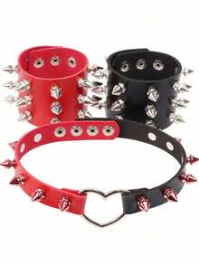 3pcs/Set Punk Hiphop PU Leather Fashion Black & Red Rivet Necklace Bracelet Set, Unisex Choker Wristband For Daily, Festival, Party Outfit, Gothic Choker Bracelet Set