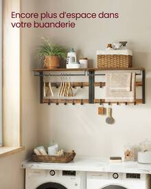 VASAGLE Porte-manteau Mural, avec 10 Crochets Amovibles sur 2 Rangées, Barre de Suspension, pour Entrée, Chambre, Salle de Bain - Tabac - Voir 3