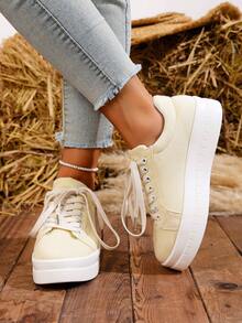 Women's Solid Color Casual Sneakers, Lightweight And Versatile, Thick Sole Campus Student Shoes With Front Laces, Suitable For All Seasons, Ideal For Daily Walking