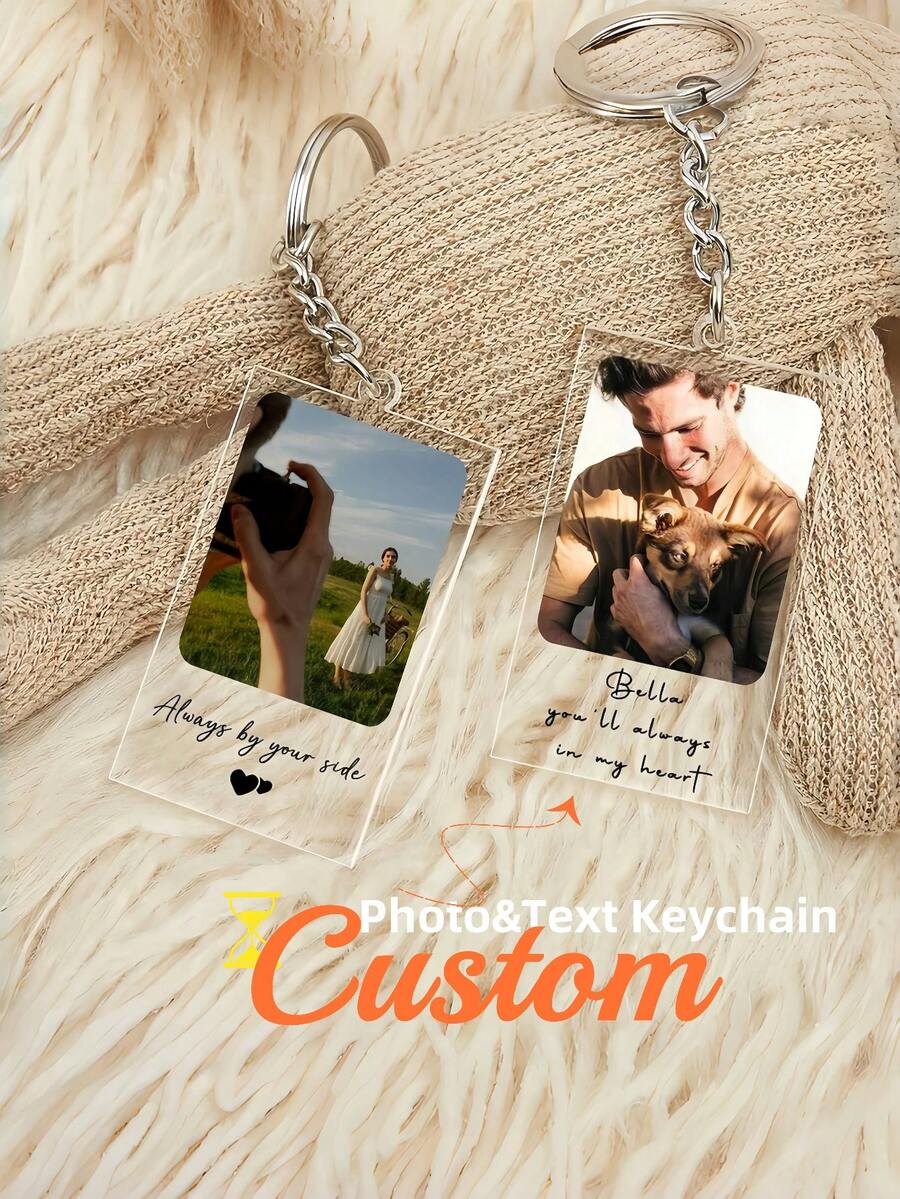 1pc Personalized Photo & Text Keychain, Customizable Photo And Text, Birthday Gift, Perfect Gift For Family, Friends And Couples, Ideal For Christmas, Thanksgiving Or Halloween