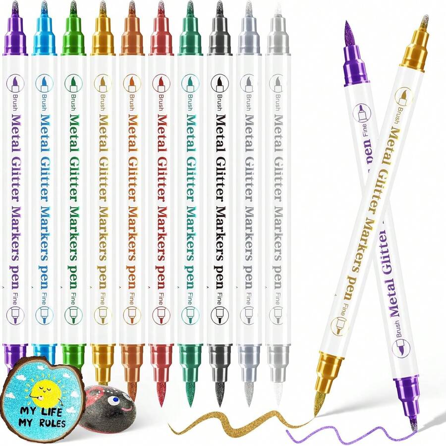 Metallic Markers Pens, Dual Tip Metallic Pens For Rock Painting,Tattoo Painting, Ceramic, Card Making, Black Paper, Easter Egg, Metal, Wine Glass